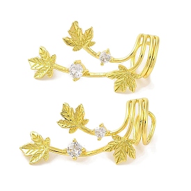 Brass Micro Pave Clear Cubic Zirconia Cuff Earrings for Women, Maple Leaf