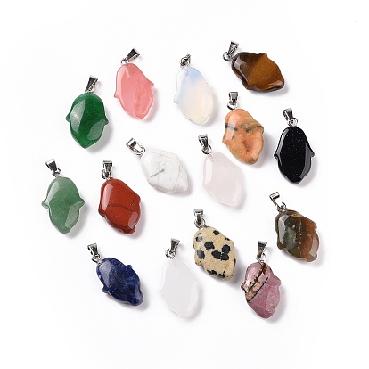 Gemstone Pendants, Hamsa Hand Charms, with Platinum Plated Alloy Snap on Bails