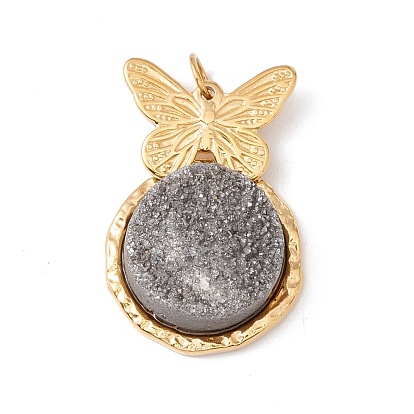Electroplated Natural Druzy Quartz Pendants, with Ion Plating(IP) 304 Stainless Steel Findings, Hematite Plated, Butterfly & Circle