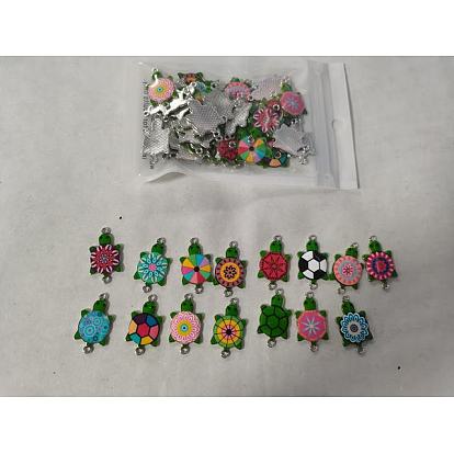 60pcs 15 Arten Legierungs-Emaille-Verbindungsstückcharme, Schildkrötenglieder mit Blumen-, Rund- und Fußballmuster, Platin Farbe