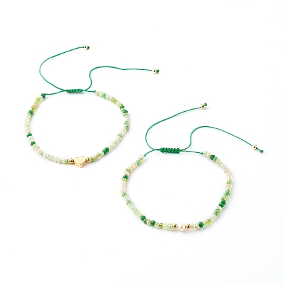 Nylon Thread Braided Bead Bracelets Sets, with Electroplate Glass Beads, Brass Beads, Heart