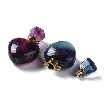 Natural Fluorite Heart Perfume Bottle Pendants, with Golden Tone Stainless Steel Findings, Essentail Oil Diffuser Charms, for Jewelry Making