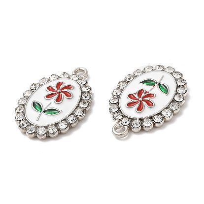 Alloy Enamel Pendants, with Rhinestone, Oval with Flower Charm