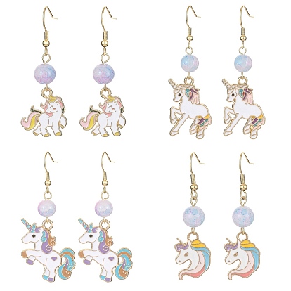 Alloy Enamel Unicorn Dangle Earrings with Glass Beaded, 304 Stainless Steel Earrings