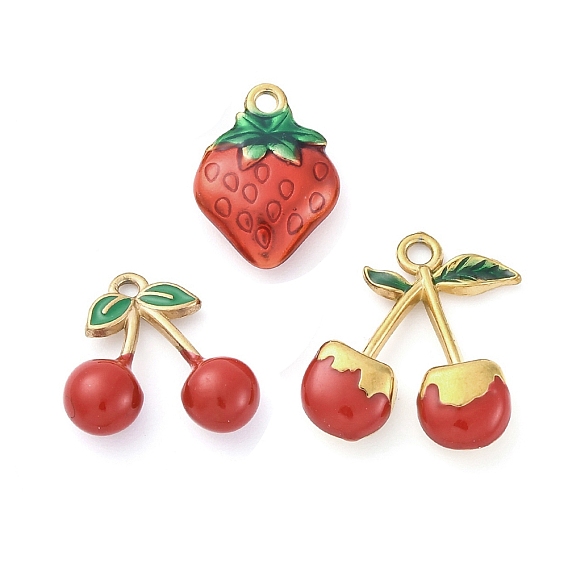 304 подвески из нержавеющей стали, с эмалью, вишневый и клубничный шарм, золотые