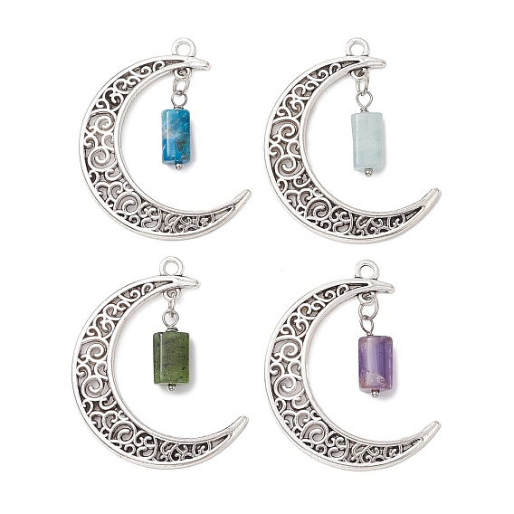 4pcs 4 styles pendentifs à colonnes à facettes en apatite naturelle, améthyste, aigue-marine et jade canadien, charmes de lune en alliage