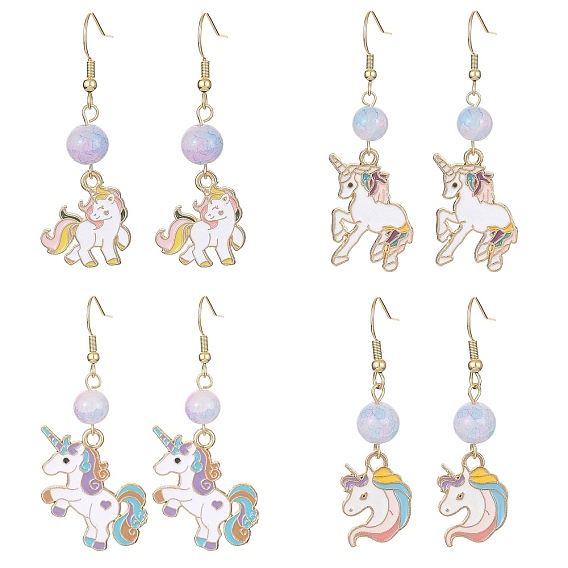 Alloy Enamel Unicorn Dangle Earrings with Glass Beaded, 304 Stainless Steel Earrings