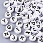 White Opaque Acrylic Beads, Horizontal Hole, Flat Round with Letter, Black
