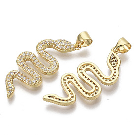 Brass Micro Pave Cubic Zirconia Pendants, with Brass Snap On Bails, Nickel Free, Snake, Clear