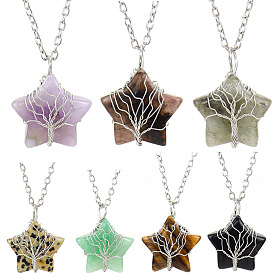 TikTok natural crystal raw stone pentagram star winding tree of life pendant necklace N654