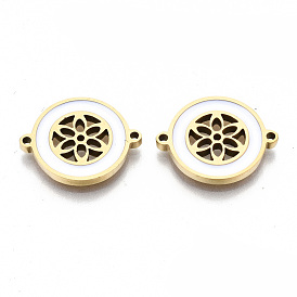 304 Stainless Steel Enamel Links Connectors, Laser Cut, Flat Round with Flower
