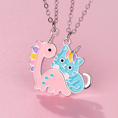 Alloy with Enamel Pendant Necklaces, Cable Chain Necklaces, Cat & Dinosaur