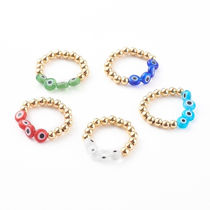 Golden Plated Brass Stretch Rings, with Evil Eye Lampwork Beads, Flat Round & Round