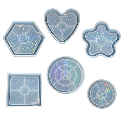 Silicone Laser Effect Cup Mat Molds, Resin Casting Molds, for UV Resin & Epoxy Resin Craft Making, Hexagon/Square/Flower/Heart/Round