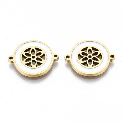 304 Stainless Steel Enamel Links Connectors, Laser Cut, Flat Round with Flower
