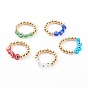 Golden Plated Brass Stretch Rings, with Evil Eye Lampwork Beads, Flat Round & Round