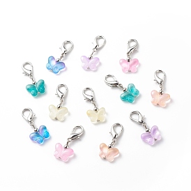 Transparent Spray Painted Glass Butterfly Pendant Decorations, with Alloy Lobster Claw Clasps, Clip-on Charms