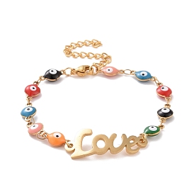 Vacuum Plating 304 Stainless Steel Word Love Link Bracelet with Colorful Enamel Evil Eye Chains for Women
