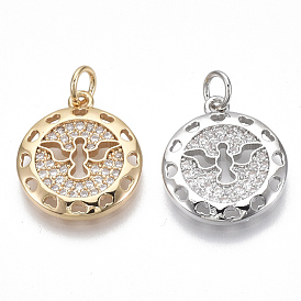 Brass Micro Pave Clear Cubic Zirconia Pendants, Flat Round with Angel, Nickel Free,