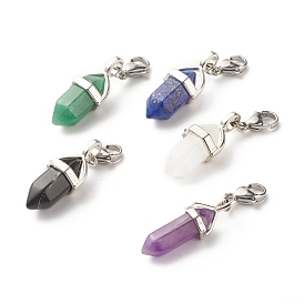 Natural Bullet-shaped Gemstone Pendant Decorations, 304 Stainless Steel Jump Rings and Lobster Claw Clasps