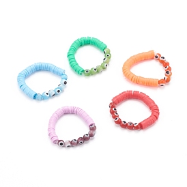 Round Evil Eye Lampwork Stretch Rings, with Polymer Clay Heishi Beads