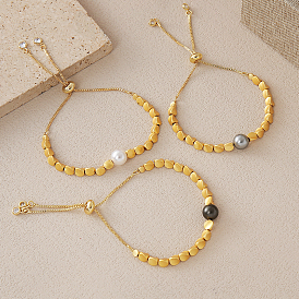 Регулируемые браслеты с цепочкой из латуни, Браслеты из витых латунных бусин и бусин из искусственного жемчуга для женщин