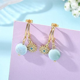 Серьги-гвоздики в форме солнца с микропаве из кубических цирконий из латуни, Натуральные плоские круглые серьги-подвески из ларимара