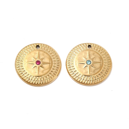 Vacuum Plating 201 Stainless Steel with Rhinestone Charms, Real 18K Gold Plated, Flat Round with Star Pattern