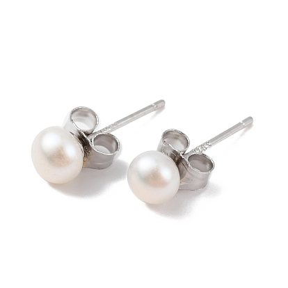 Natural Pearl Round Bead Stud Earrings, with Real Platinum Plated 925 Sterling Silver Findings