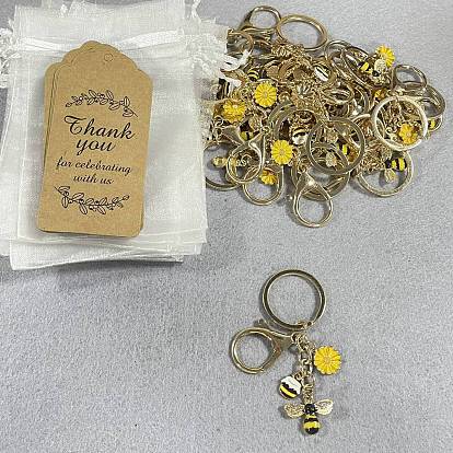 72Pcs Bee & Honey Pot & Flower Alloy Keychains, with Paper Card and Organza Bags