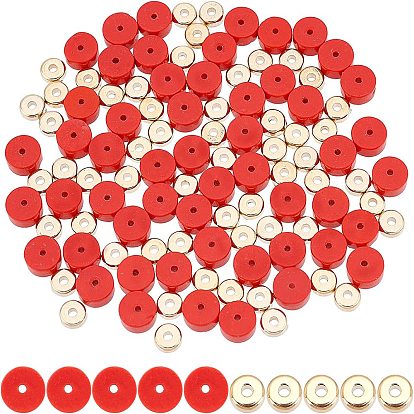 1 brins de perles turquoise synthétiques, perles heishi, imitation corail rouge, Plat rond / disque, perles d'espacement en plastique teintes et 100pcs ccb, plat rond