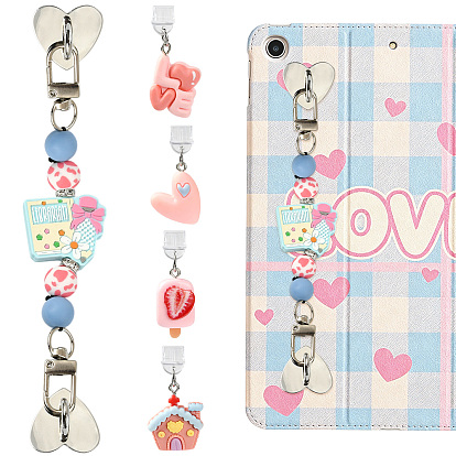 5 Support de téléphone portable en fer et bouchons anti-poussière en PVC pour téléphone portable, avec des pendentifs en perles de silicone et en résine et des fermoirs pivotants en alliage