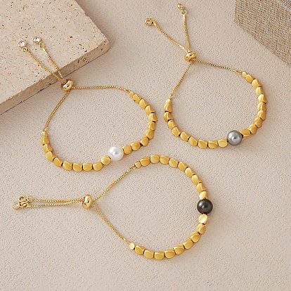 Регулируемые браслеты с цепочкой из латуни, Браслеты из витых латунных бусин и бусин из искусственного жемчуга для женщин