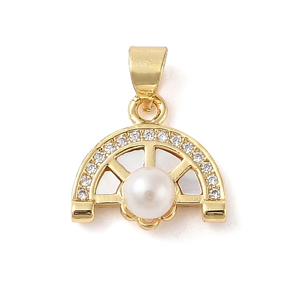 Brass & Shell & Clear Cubic Zirconia Charms, Cadmium Free & Lead Free, with ABS Plastic Pearl, Half Round