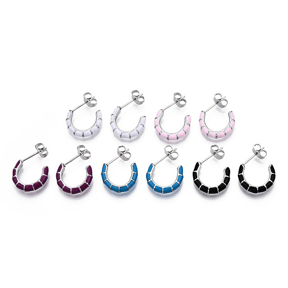 Enamel C-shape Stud Earrings, Stainless Steel Color 304 Stainless Steel Half Hoop Earrings for Women