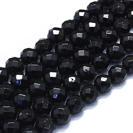 Natural Black Tourmaline Beads Strands, 64 Faceted, Round