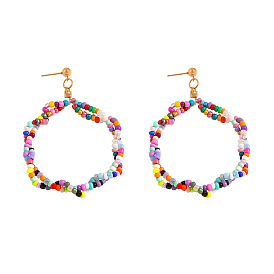 Bohemian Style Colorful Beaded Earrings with Double Twisted Hoops and Ethnic Charm