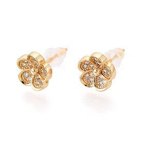 Серьги-гвоздики в форме цветка с прозрачными кубическими цирконами из латуни, без никеля 