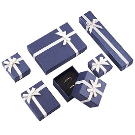 PandaHall Elite Paper Ring Box, Flip Cover, with Bowknot Ribbon, Jewelry Box, Square