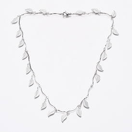 304 Stainless Steel Leaf Charm Necklaces, Bar Link Chain Necklaces, with Lobster Claw Clasps