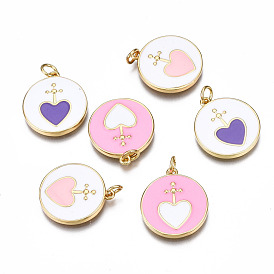 Brass Enamel Pendants, with Jump Ring, Nickel Free, Flat Round with Heart, Real 16K Gold Plated