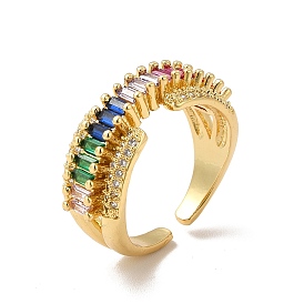 Colorful Cubic Zirconia Rectangle Open Cuff Ring, Brass Jewelry for Women, Cadmium Free & Lead Free
