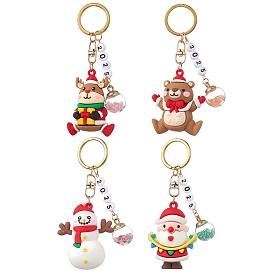 4Pcs 4 Styles Christmas Theme PVC Plastic Keychain, with Glass Bottle Pendants and Brass Key Ring