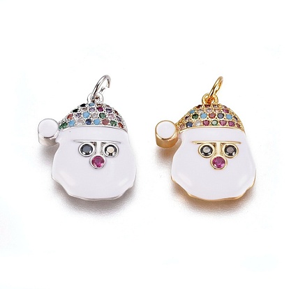 Brass Micro Pave Cubic Zirconia Pendants, with Enamel and Jump Ring, Father Christmas/Santa Claus, White