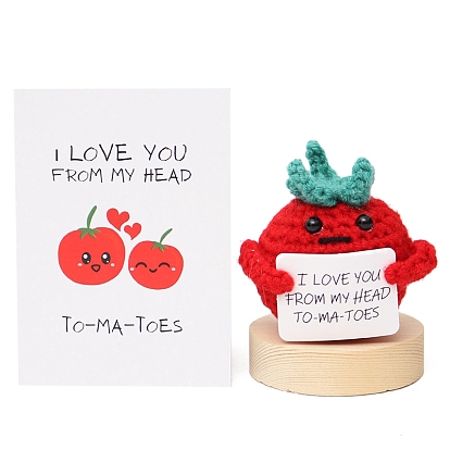 Funny Positive Tomato Doll, Wool Knitting Doll with Positive Card, for Office Desk Decoration Gift