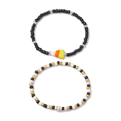 2Pcs 2 Styles Halloween Glass Seed Beaded Stretch Bracelet Sets, Candy Corn & Skull Acrylic & Synthetic Magnesite Bracelets for Women Men