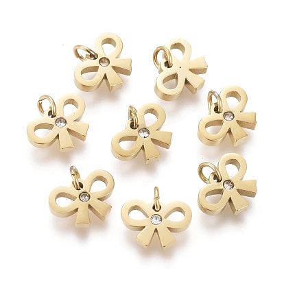 316 Surgical Stainless Steel Charms, with Crystal Rhinestone and Jump Ring, Laser Cut, Bowknot