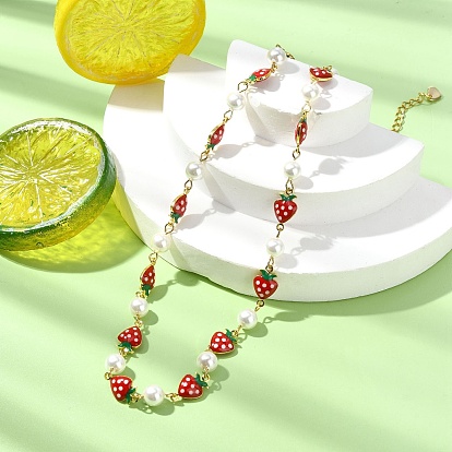 Brass Enamel Red Strawberry Link Chain Necklaces for Women, with Shell Pearl Beads