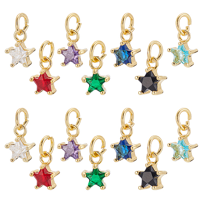 14 шт 7 цвета кулоны из латуни, микропаве, циркония, звезда, с прыжковых колец, реальный 18 k позолоченный