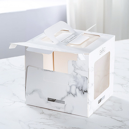 Caja de pastel de papel kraft plegable, Contenedor de caja de pastel de panadería, rectángulo con ventana transparente y asa